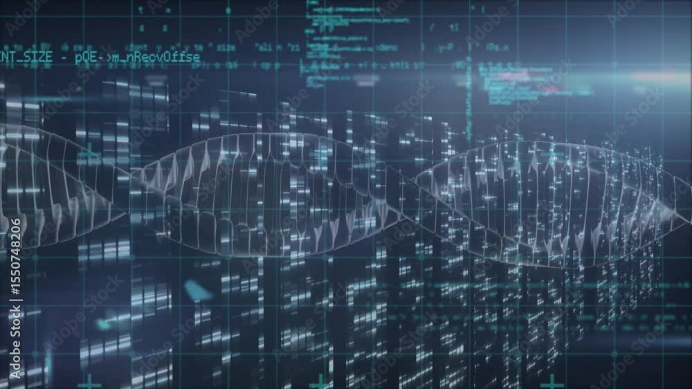 Poster on startup code clusters converging into ladder then forming rotating helix representing data flow
