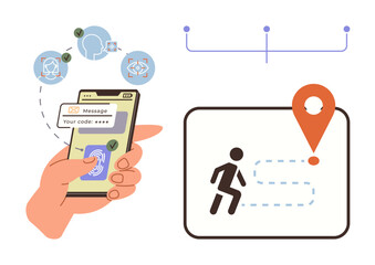 Hand using smartphone for biometric authentication. Location tracking icon with moving figure and map marker. Ideal for cybersecurity, biometric access, data privacy, location services, navigation