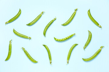 Green pea pods on blue background
