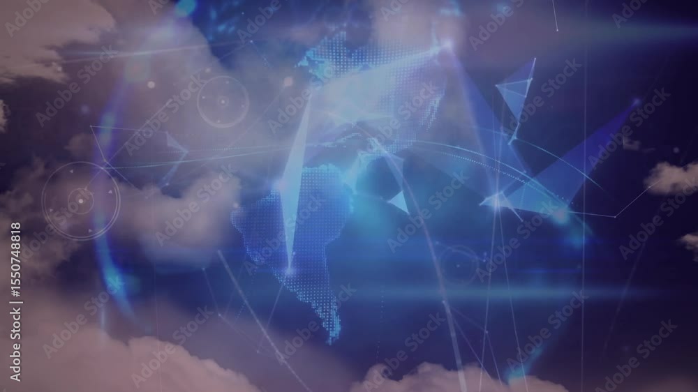 Poster on start glowing nodes drifting across blue forming mesh globe showing digital network evolution