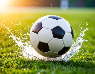 Fototapeta premium High Speed Action Shot of Soccer Ball Hitting Wet Grass with Water Splash Dynamic Sports Photography