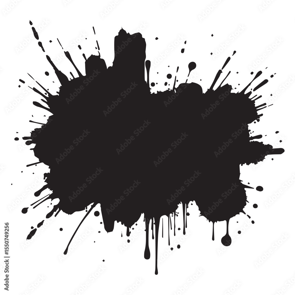 Poster dynamic black ink splatter splash with dripping elements and small dots on a white background