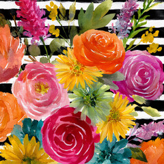 A painting of a bouquet of flowers with a black and white background