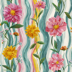 A painting of flowers with a blue stripe