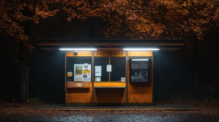 Orange kiosk at night, autumn leaves