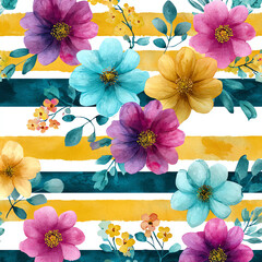 A colorful flower pattern with yellow and blue stripes