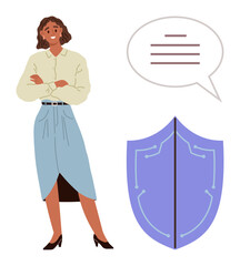 Confident woman standing with arms crossed near a purple shield symbol with circuit line details and a speech bubble. Ideal for technology, communication, protection, cybersecurity, confidence