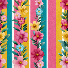 A colorful floral design with pink, yellow, and blue flowers