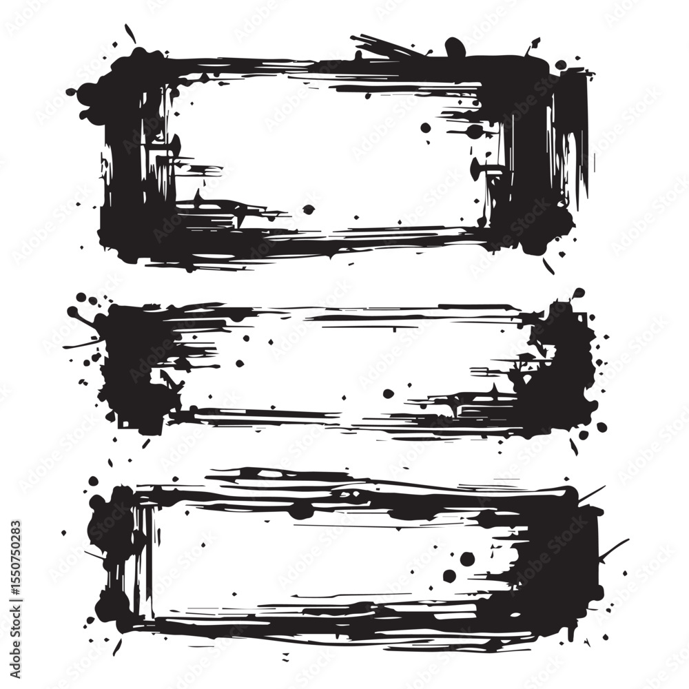 Aufkleber three abstract black ink grunge rectangular frames with splatters and drips on a white background