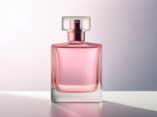 Pink perfume bottle on a white background, soft and elegant. No extra details — minimalist composition, gentle lighting, and a clean, luxurious aesthetic.