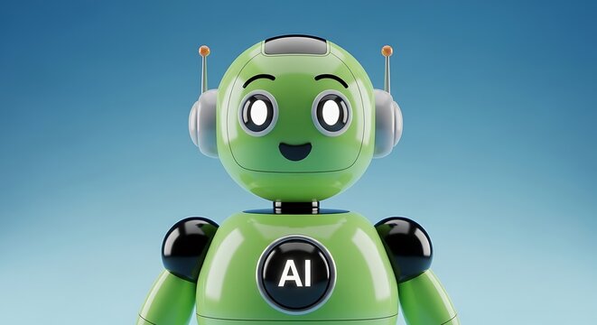 Happy Green AI Robot: Friendly Artificial Intelligence, Cute Chatbot & Modern Technology.