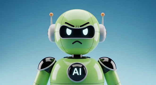 Angry Green AI Robot: Malfunctioning Artificial Intelligence, System Error & Cyber Threat.