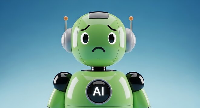 Sad Green AI Robot: Artificial Intelligence Problem, Malfunction & Emotional Bot Concept.