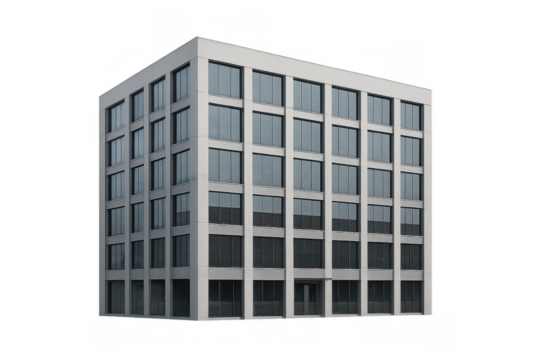 Modern glass-paneled corporate structure rising with sleek architectural lines, transparent backdrop enabling flexible graphic design integration