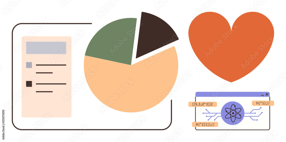 Poster pie chart with analytics data card, heart graphic, and tech element with atom visual. ideal for anal