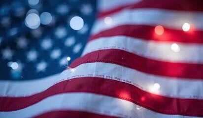 Close-Up American Flag with Festive Bokeh Lights. 4th of July Celebration