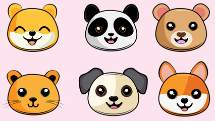 Set of  6 vector animals emojis. Happy Bear, Panda Bear, Teddy Bear, Cat, Dog and a Fox.