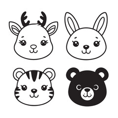 Fototapeta premium Cute kawaii animal faces featuring a deer rabbit tiger and bear in a simple line art style