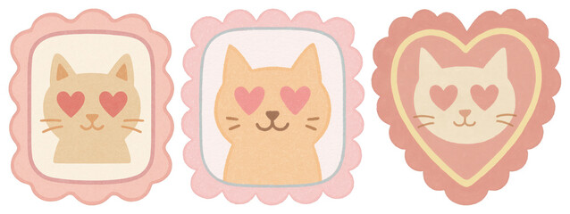 PNG Cute cat illustrations with hearts, element set on transparent background