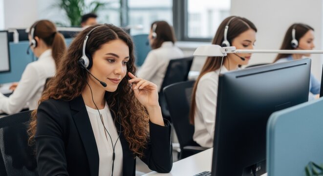 Young women wearing headsets working in a modern call center office providing customer service support