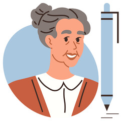 Elderly woman with styled gray hair, a collared outfit, and a large pen. Ideal for concepts of wisdom, writing, creativity, education, legacy elderly care or storytelling. Simple flat metaphor