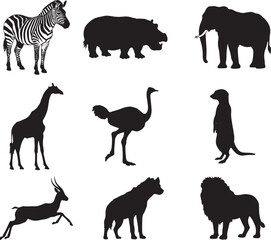 Collection of african wildlife animals in silhouette style