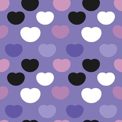 seamless pattern with black, white, pink and purple hearts on purple background 
