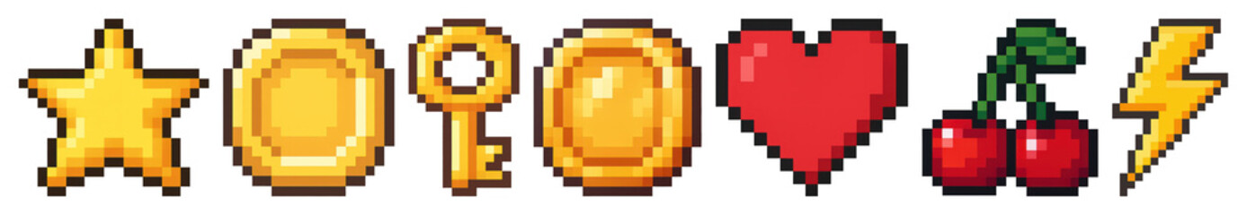 Obraz premium PNG Retro pixel art icons collection, element set on transparent background