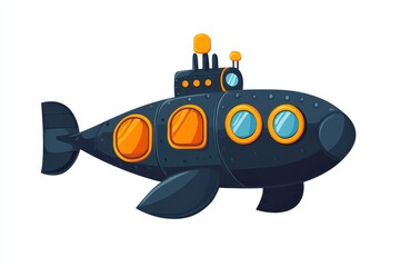 Cute Submarine with Fish-Shaped Windows Floating in the Ocean