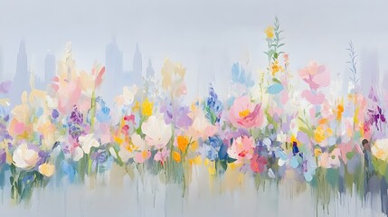 Vibrant Floral Meadow Cityscape Painting