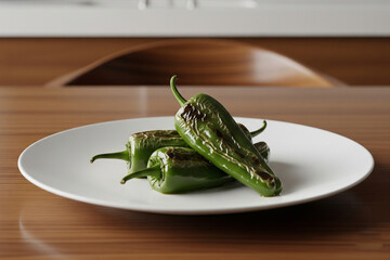 A modern minimalist food photo of Colorado Green Chile on a white plate on a wooden dining table with a kitchen set background.