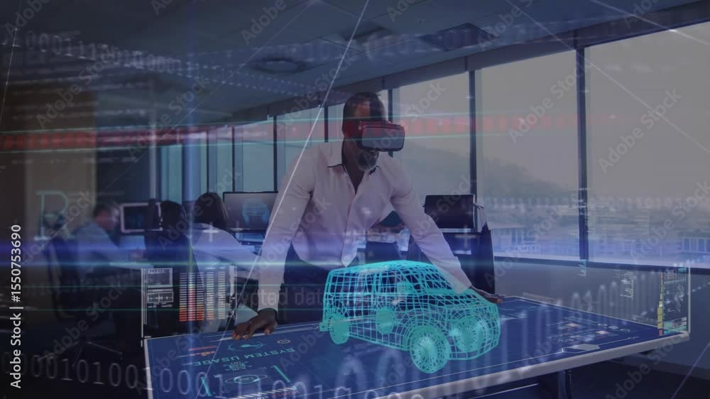 Poster engineer using vr launching 3d car model code overlays as colleague checking tablet for review