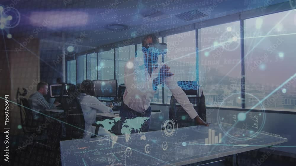 Poster man with vr headset tapping table and interacting with holographic charts to analyze business data