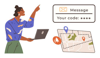 Woman holding a laptop, pointing at a verification message and a navigation map with pins and alerts. Ideal for security, location tracking, notification, mobile apps, authentication, travel