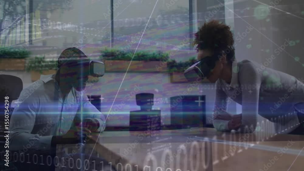Aufkleber it colleagues calibrating vr by adjusting headsets and tapping table, generating holographic data