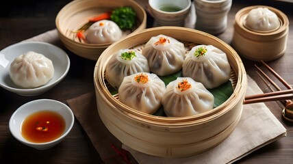 Chinese dim sum bamboo steamer basket — realistic shrimp dumplings (har gow) and pork buns (baozi) with side sauces 3