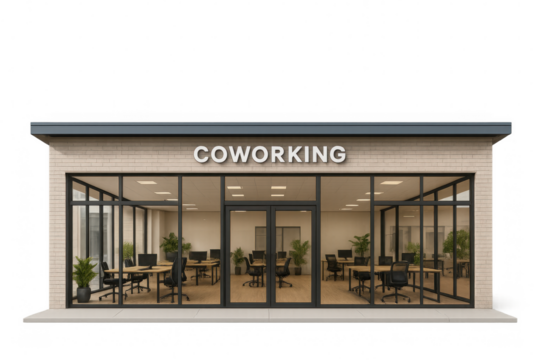 Modern coworking space building exterior showing interior with desks, computers and chairs, transparent background
