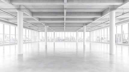 Open concrete office space with city views and expansive window coverage