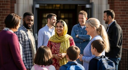 Diverse group of parents and children gather outside school entrance, smiling