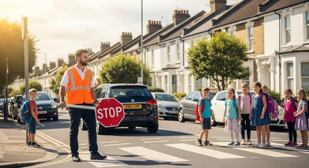 Crossing Guard Helping School Children Cross Street with Stop Sign on Sunny Day