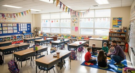 Elementary classroom scene with teacher and students sitting on colorful rug