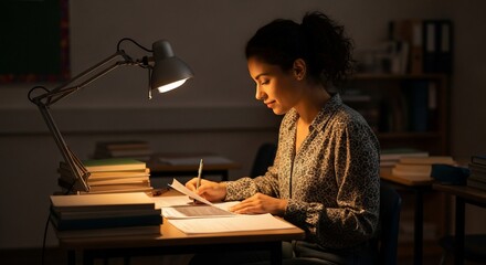Focused student illuminated by desk lamp studies late into the night