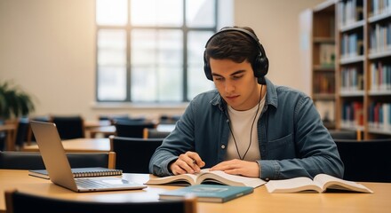 Focused student with headphones studies in library, laptop and books on table
