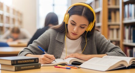Focused student with yellow headphones studies in library, writing in open book.
