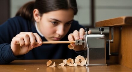 Focused student sharpens pencil with vintage metal sharpener, shavings scattered on desk