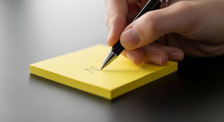 Hand writing on yellow sticky note with black pen close-up