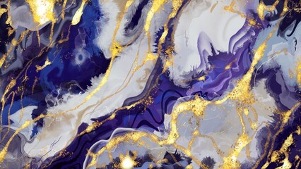Luxurious abstract liquid art drawing, alcohol ink technology, a mixture of purple, blue and gold dyes. Imitation of marble stone cutting, seamless gold veins. Soft and fanciful design.