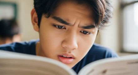 Intense focus: Young man deeply engrossed in reading, brow furrowed in concentration