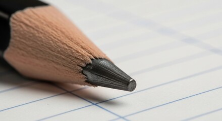 Macro shot of a sharpened pencil tip on lined paper, showcasing graphite texture