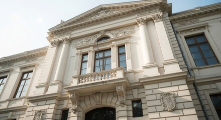 Ornate Facade of a Classical Building with Balcony and Intricate Architectural Details